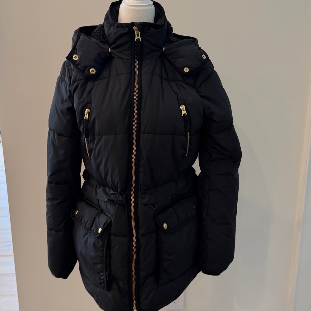J. Crew Black Puffer Jacket with Gold Details